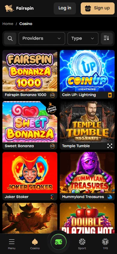 Fairspin Casino games screen on mobile