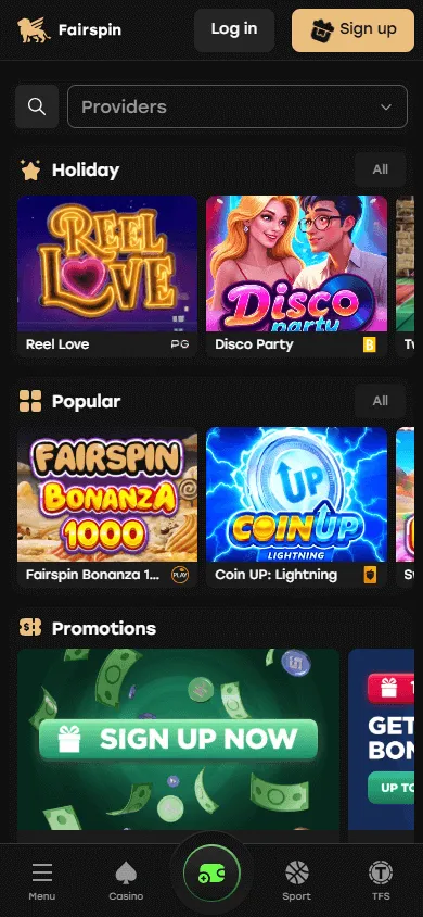 Fairspin Casino home screen on mobile
